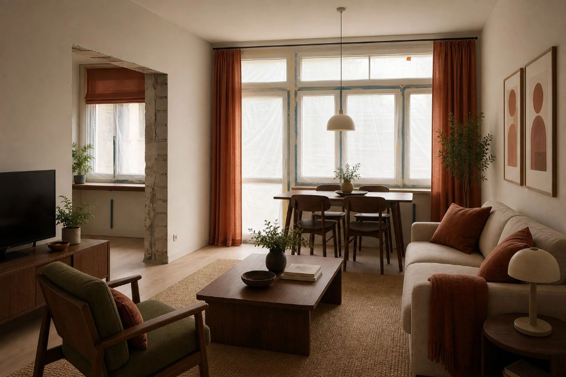 Salon — duże okna, wykończenie premium — po