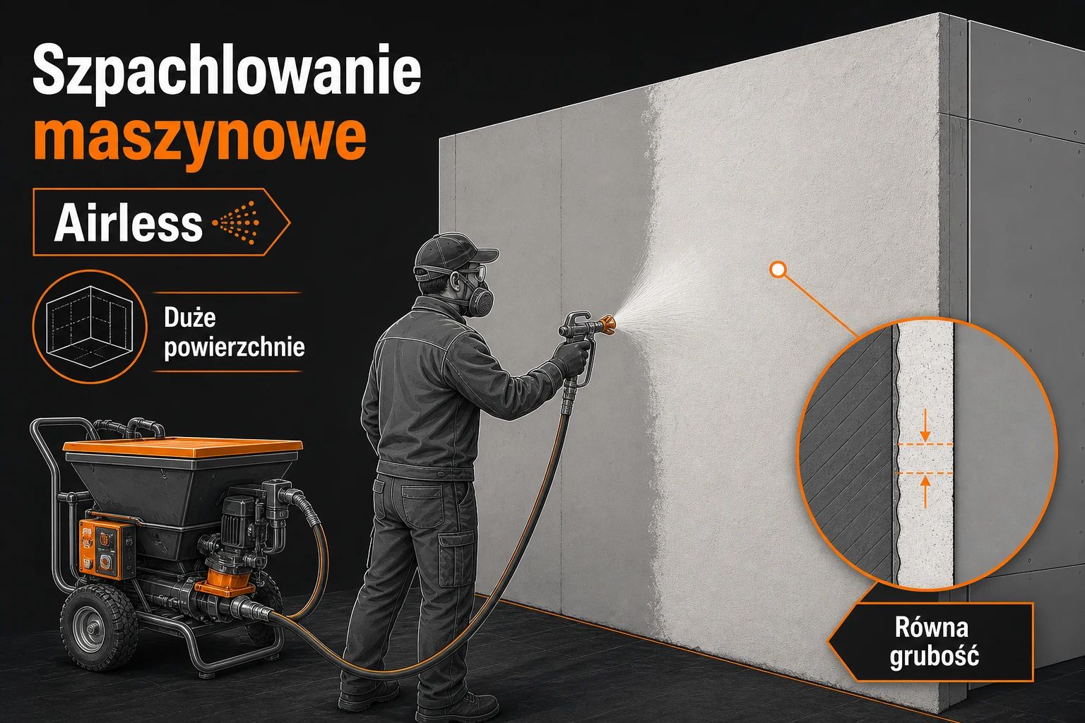 Schemat szpachlowania maszynowego airless — równa warstwa gładzi na dużej ścianie