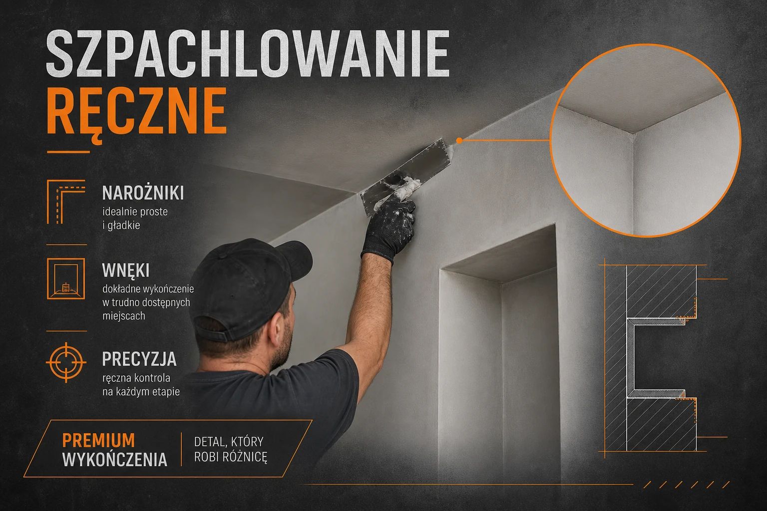 Schemat szpachlowania ręcznego — precyzja w narożniku i wnęce