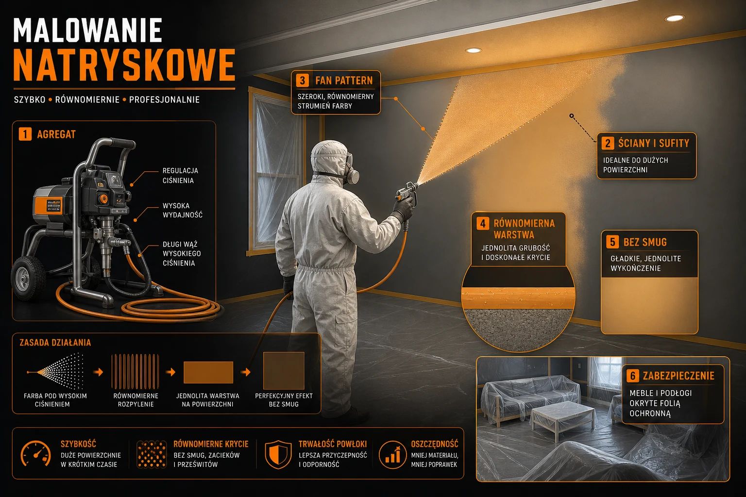 Schemat malowania natryskowego — równomierna farba na ścianie i suficie