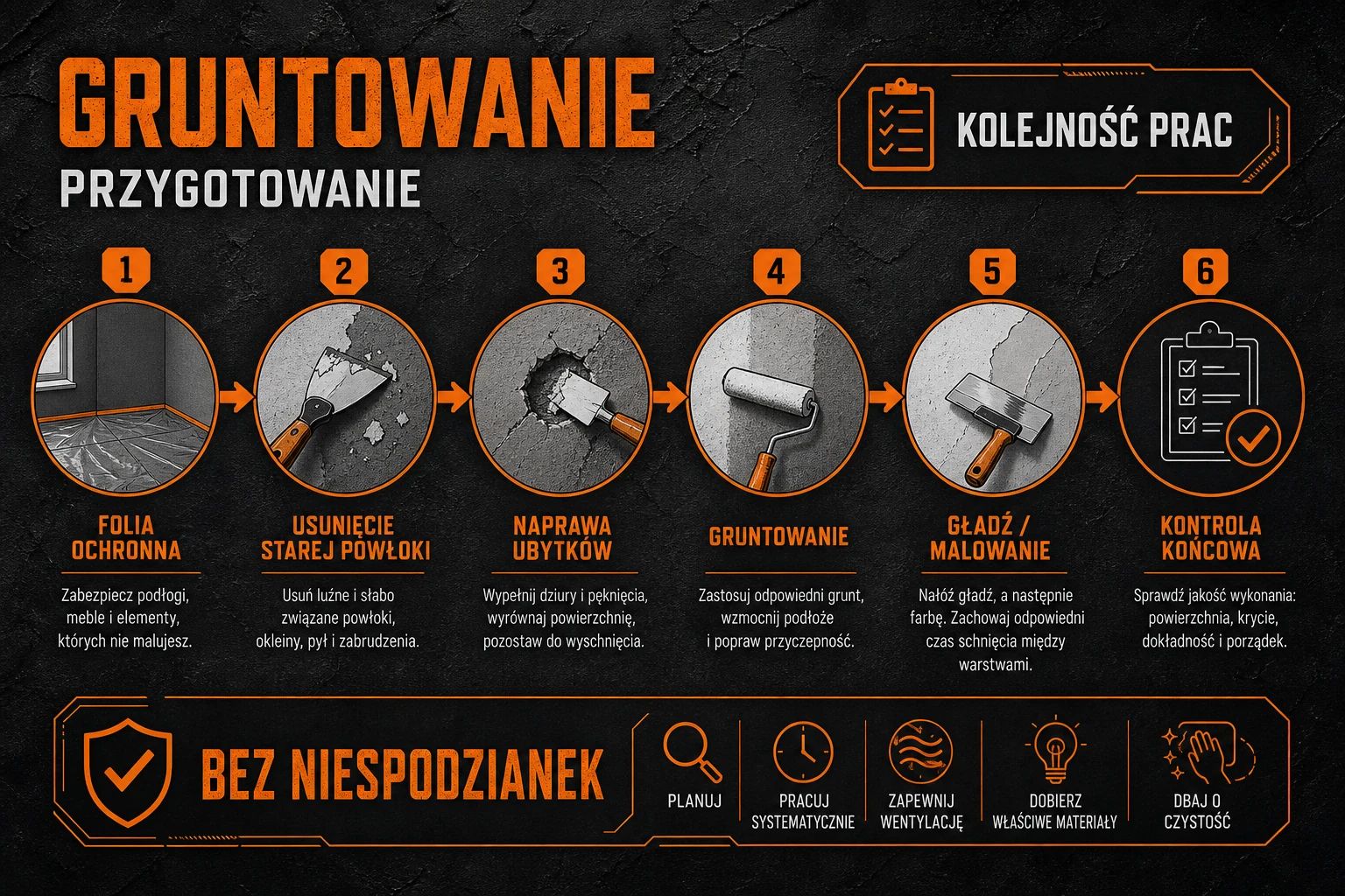 Schemat kolejności prac — zabezpieczenie, grunt, gładź, malowanie